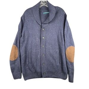 Perry Ellis Shawl Collar Cardigan Sweater Men's Large Blue Elbow Patch Button Up